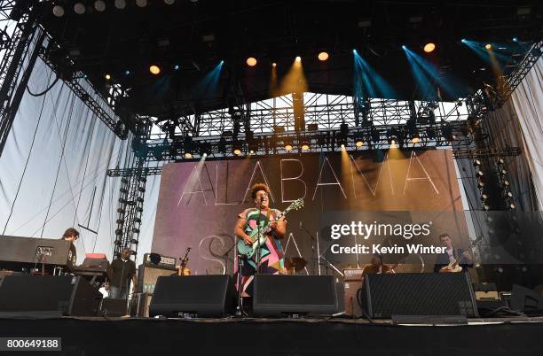 Musicans Brittany Howard, Zac Cockrell and Heath Fogg of musical group Alabama Shakes performs on The Oaks stage during Arroyo Seco Weekend at the...