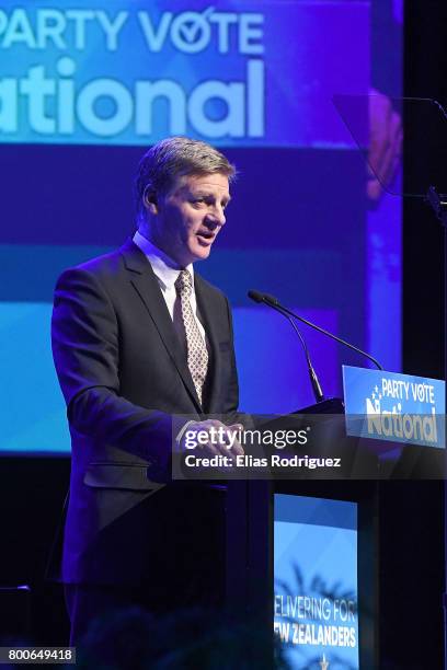 Prime Minister, Rt Hon Bill English speaks during the National Party 81st Annual Conference at Michael Fowler Centre on June 25, 2017 in Wellington,...