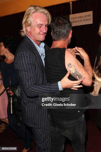 Detlev Buck and Moritz Bleibtreu fights for fun during the premiere of 'Ferdinand von Schirach - Schuld - Staffel 2 ' at Gloria Palast on June 24,...