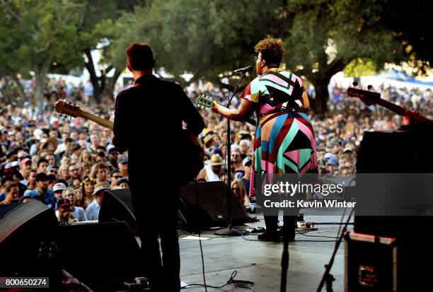 Musicans Heath Fogg and Brittany Howard of musical group Alabama Shakes performs on The Oaks stage during Arroyo Seco Weekend at the Brookside Golf...
