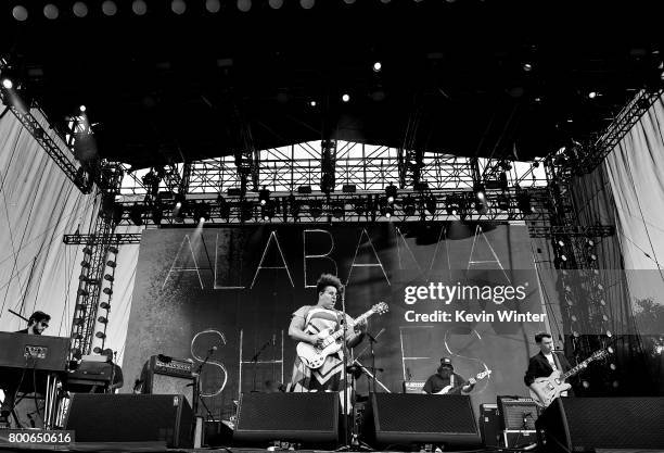 Musicans Brittany Howard, Zac Cockrell and Heath Fogg of musical group Alabama Shakes performs on The Oaks stage during Arroyo Seco Weekend at the...