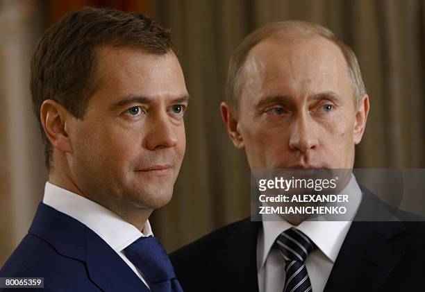 Picture made available on February 29, 2008 shows Russian President Vladimir Putin and First Deputy Prime Minister and presidential candidate Dmitry...