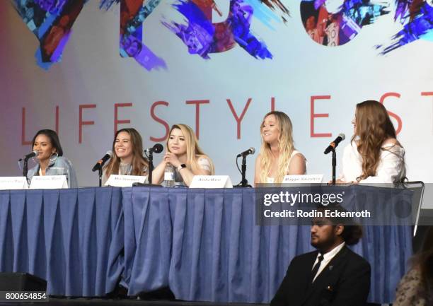 Shameless Maya, Adelaine Morin, Mia Stammer, Alisha Marie, and Maggie Saunders speak onstage at 2017 VidCon at Anaheim Convention Center on June 24,...