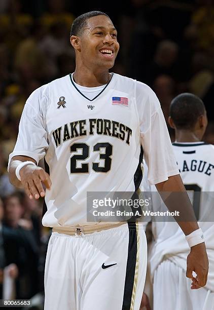 James Johnson of the Wake Forest Demon Deacons is all smiles as time winds down in their 86-73 win over the Duke Blue Devils at the LJVM Coliseum on...