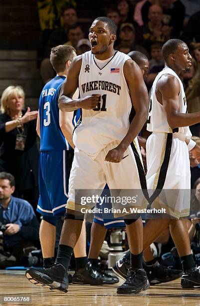 Jamie Skeen of the Wake Forest Demon Deacons reacts after being fouled during second half action versus the Duke Blue Devils at the LJVM Coliseum on...