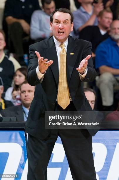 Duke Blue Devils head coach Mike Krzyzewski reacts to a non-call during second half action versus the Wake Forest Demon Deacons at the LJVM Coliseum...