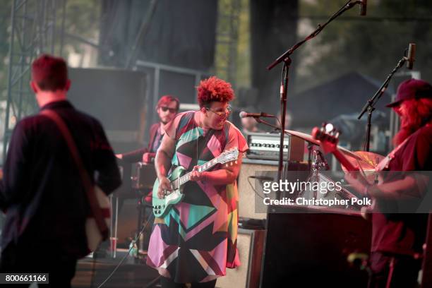 Musicians Heath Fogg, Brittany Howard and Zac Cockrell of musical group Alabama Shakes perform on The Oaks stage during Arroyo Seco Weekend at the...