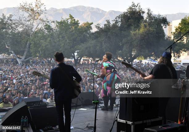 Musicians Heath Fogg, Brittany Howard and Zac Cockrell of musical group Alabama Shakes perform on The Oaks stage during Arroyo Seco Weekend at the...