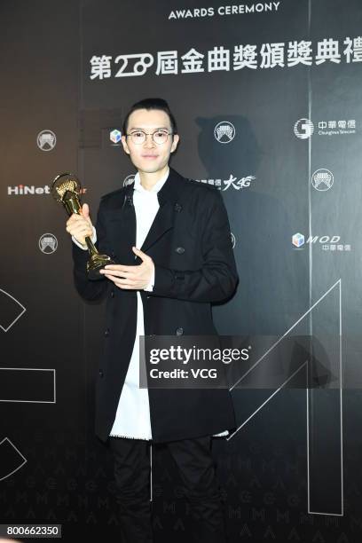 Singer Khalil Fong celebrates at the backstage after winning the Best Male Vocalist Mandarin award of the 28th Golden Melody Awards on June 24, 2017...