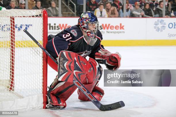 Pascal Leclaire of the Columbus Blue Jackets guards the net against the San Jose Sharks on February 27, 2008 at Nationwide Arena in Columbus, Ohio.