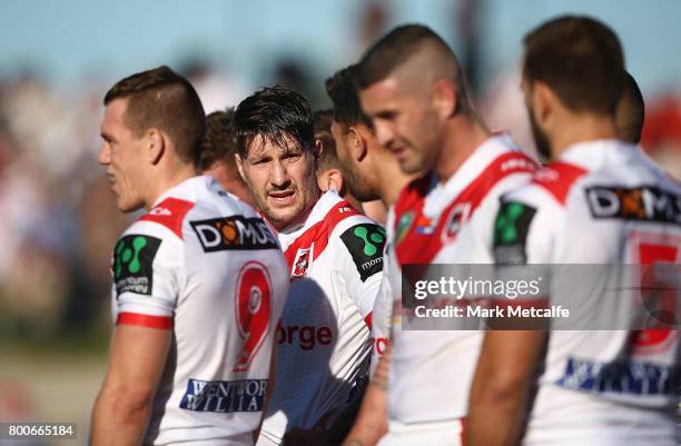 Gareth Widdop of the Dragons looks dejected after conceding a try during the round 16 NRL match between the St George Illawarra Dragons and the...