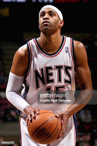 Vince Carter of the New Jersey Nets shoots a free throw during the game against the Chicago Bulls on February 20, 2008 at the Izod Center in East...