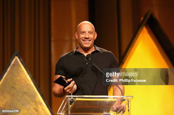 Actor Vin Diesel speaks onstage at the NALIP Latino Media Awards at The Ray Dolby Ballroom at Hollywood & Highland Center on June 24, 2017 in...