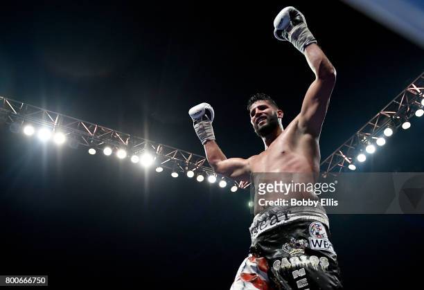 Carlos Negron celebrates after beating Derric Rossy in the WBC Continental Americas Heavyweight Championship at Freedom Hall on June 24, 2017 in...