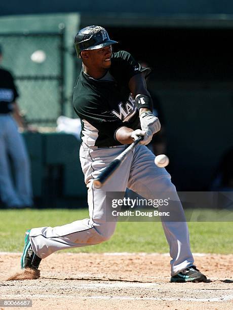 Hanley Ramirez of the Florida Marlins hits against the Baltimore Orioles at Fort Lauderdale Stadium on February 28, 2008 in Fort Lauderdale, Florida....