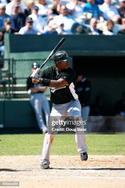 Hanley Ramirez of the Florida Marlins hits against the Baltimore Orioles at Fort Lauderdale Stadium on February 28, 2008 in Fort Lauderdale, Florida....