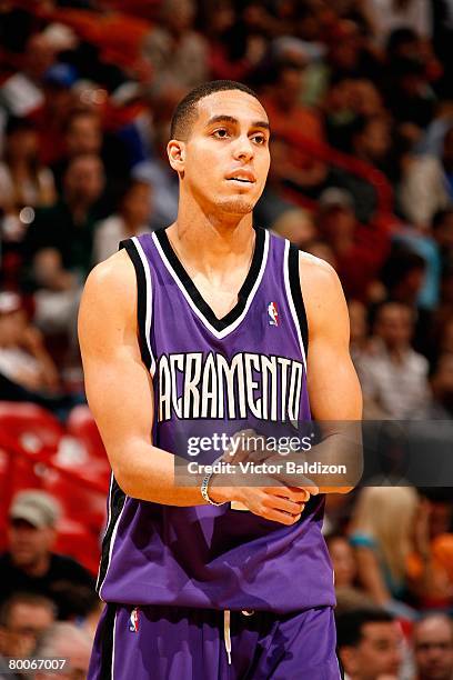 Kevin Martin of the Sacramento Kings stands on the court during the game against the Miami Heat on February 26, 2008 at American Airlines Arena in...