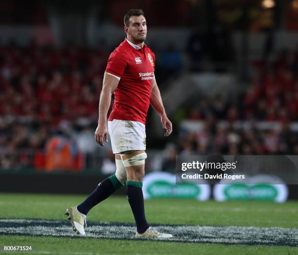 Sam Warburton, the Lions tour captain, looks dejected as he leads his team off the pitch after their defeat during the Test match between the New...