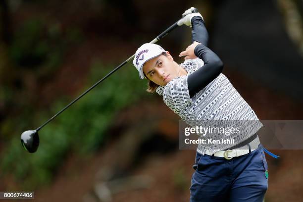 Ririna Staiano of Japan hits a tee shot on the 2nd hole during the final round of the Yupiteru The Shizuoka Shimbun & SBS Ladies at the Shizuoka...