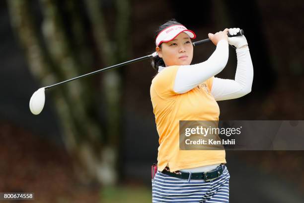 Eriko Tanikawa of Japan hits a tee shot on the 2nd hole during the final round of the Yupiteru The Shizuoka Shimbun & SBS Ladies at the Shizuoka...