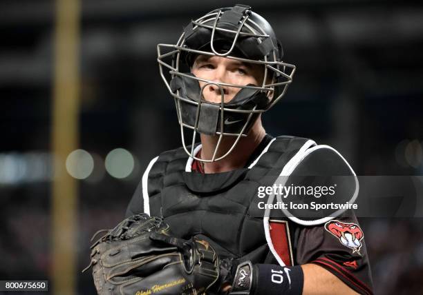 Arizona Diamondbacks catcher Chris Herrmann walks back to the dugout during the MLB baseball game between the Philadelphia Phillies and the Arizona...