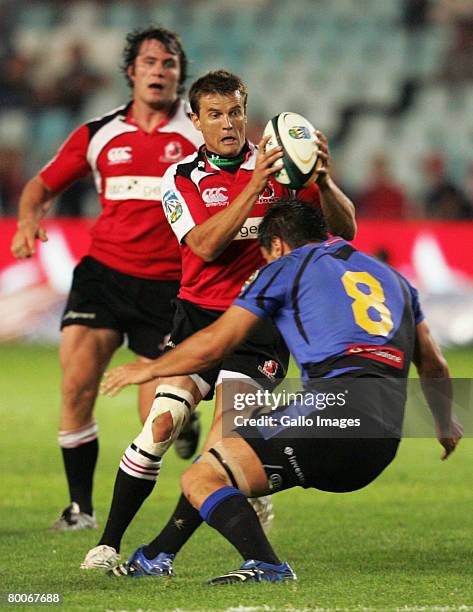 Tamaiti Horua tackles Louis Strydom during the Super 14 Round 3 match between Lions and Western Force held at Ellis Park Stadium on February 29, 2008...