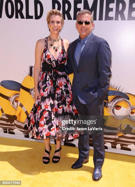 Actress Kristen Wiig and actor Steve Carell attend the premiere of "Despicable Me 3" at The Shrine Auditorium on June 24, 2017 in Los Angeles,...