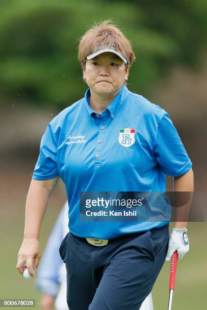 Yoko Inoue of Japan reacts on the 9th hole during the final round of the Yupiteru The Shizuoka Shimbun & SBS Ladies at the Shizuoka Country Hamaoka...