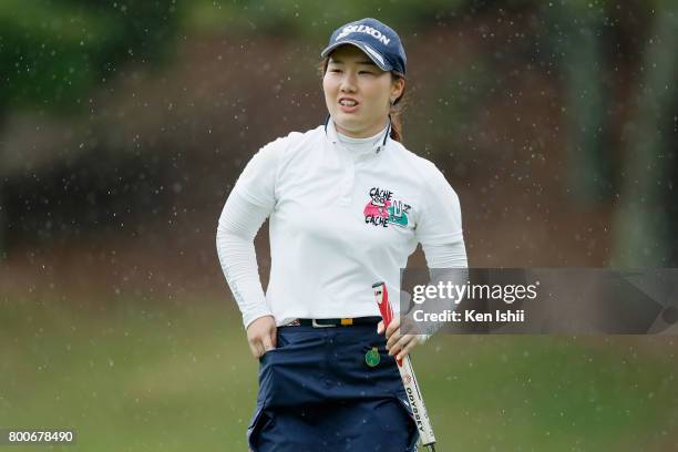 Asuka Ishikawa of Japan reacts after her birdie putt on the 9th green during the final round of the Yupiteru The Shizuoka Shimbun & SBS Ladies at the...
