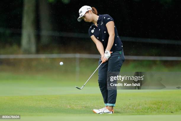 Chiaki Ishiyama of Japan hits an approach on the 9th hole during the final round of the Yupiteru The Shizuoka Shimbun & SBS Ladies at the Shizuoka...