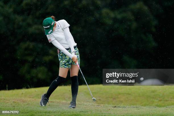 Aya Ezawa of Japan hits a second shot on the 18th hole during the final round of the Yupiteru The Shizuoka Shimbun & SBS Ladies at the Shizuoka...