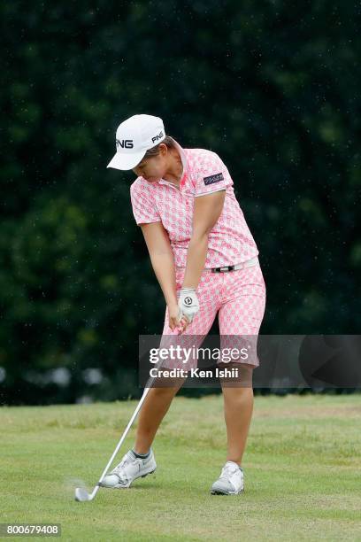 Haruka Yamaguchi of Japan hits a second shot on the 18th hole during the final round of the Yupiteru The Shizuoka Shimbun & SBS Ladies at the...