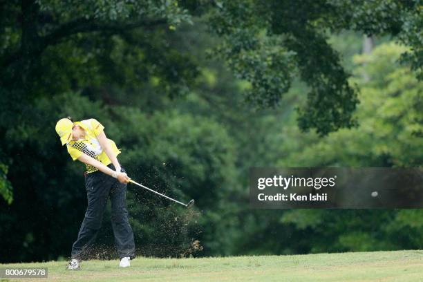 Shiho Toyonaga of Japan hits a second shot on the 18th hole during the final round of the Yupiteru The Shizuoka Shimbun & SBS Ladies at the Shizuoka...