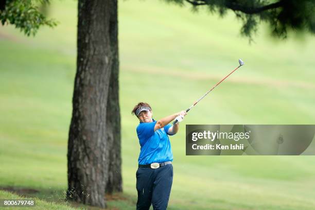 Yoko Inoue of Japan hits a second shot on the 18th hole during the final round of the Yupiteru The Shizuoka Shimbun & SBS Ladies at the Shizuoka...