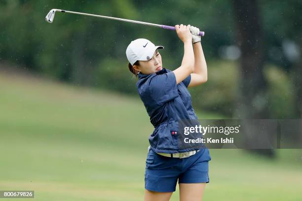 Rui Aratake of Japan hits a second shot on the 18th hole during the final round of the Yupiteru The Shizuoka Shimbun & SBS Ladies at the Shizuoka...