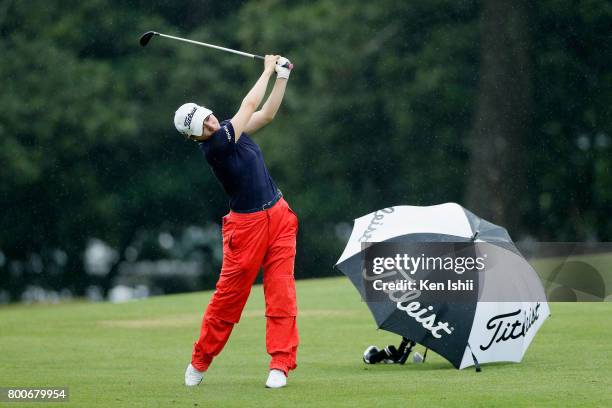 Rikako Sakashita of Japan hits a second shot on the 18th hole during the final round of the Yupiteru The Shizuoka Shimbun & SBS Ladies at the...