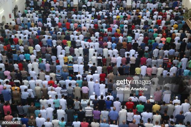 Muslims gather around the Abu Bakr al-Siddiq Mosque to perform Eid al-Fitr prayer in Cairo, Egypt on June 25, 2017. Eid al-Fitr is a religious...