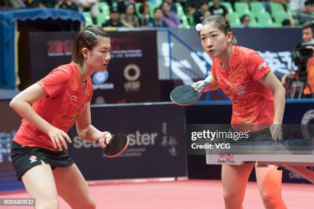 Ding Ning and Liu Shiwen of China compete against Zhu Yuling and Chen Meng of China during the Women's doubles final match of 2017 ITTF World Tour...