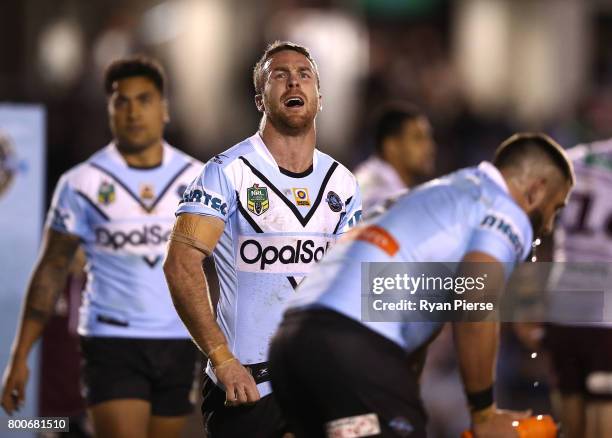 James Maloney of the Sharks looks dejected during the round 16 NRL match between the Cronulla Sharks and the Manly Sea Eagles at Southern Cross Group...