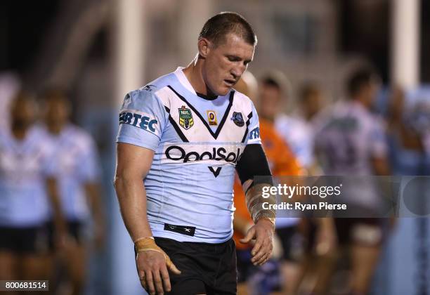 Paul Gallen of the Sharks looks dejected during the round 16 NRL match between the Cronulla Sharks and the Manly Sea Eagles at Southern Cross Group...