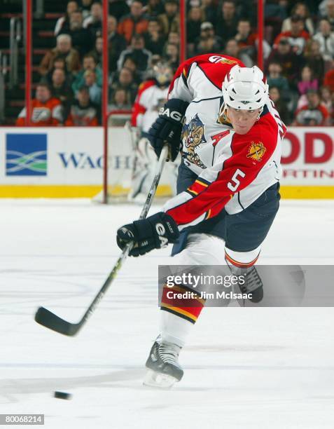 Bryan Allen of the Florida Panthers skates against the Philadelphia Flyers on February 23, 2008 at Wachovia Center in Philadelphia, Pennsylvania. The...