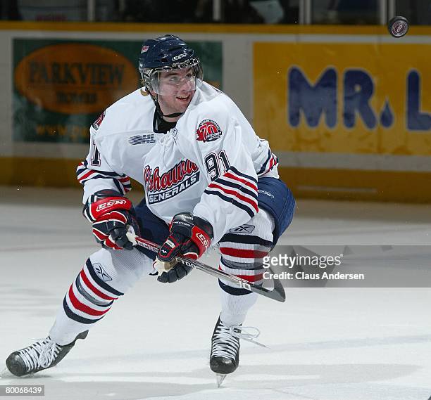 John Tavares of the Oshawa Generals eyes the puck in a game against the Peterborough Petes on February 28, 2008 at the Peterborough Memorial Centre...
