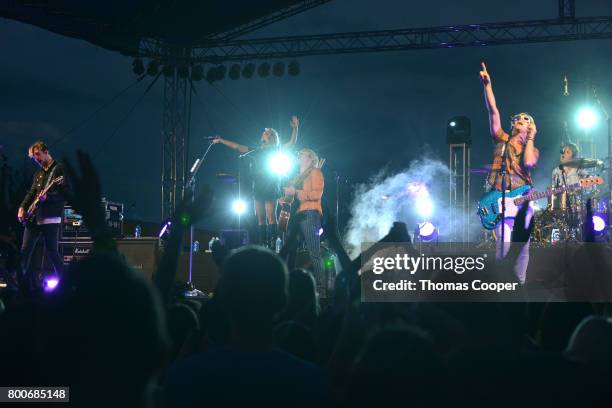 Rocky, Rydel, Ross, Riker Lynch and Ellington Ratliff of the Pop Band R5 jamm out at Elitch Gardens on June 24, 2017 in Denver, Colorado.