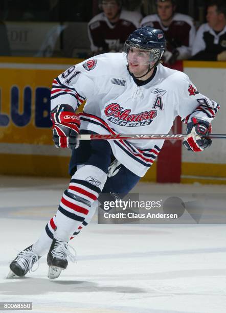 John Tavares of the Oshawa Generals skates in a game against the Peterborough Petes on February 28, 2008 at the Peterborough Memorial Centre in...