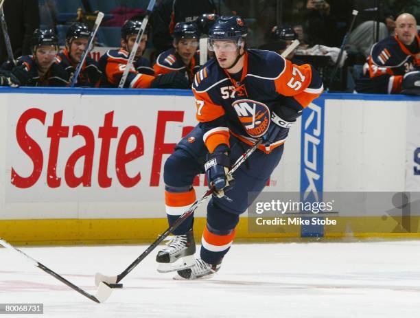 Blake Comeau of the New York Islanders skates against the Pittsburgh Penguins on February 26, 2008 at Nassau Coliseum in Uniondale, New York. The...
