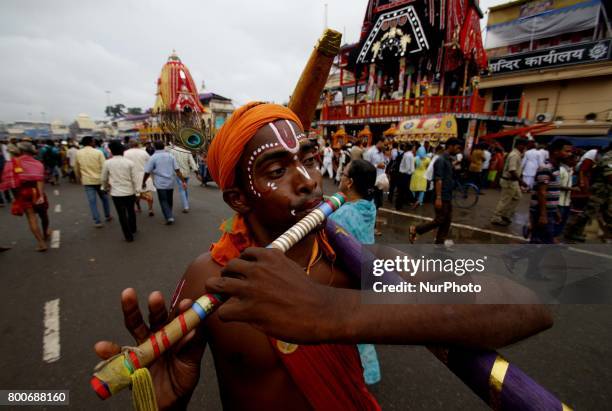 Devotees gathered in front of the Shree Jagannath temple as they arrives to participate ditties annual rath yatra festival or chariot festival as...