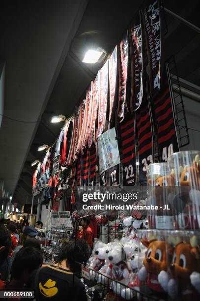 An official marchandise stall is seen prior to the J.League J1 match between Kashima Antlers and Albirex Niigata at Kashima Soccer Stadium on June...