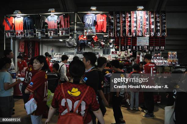 An official marchandise stall is seen prior to the J.League J1 match between Kashima Antlers and Albirex Niigata at Kashima Soccer Stadium on June...