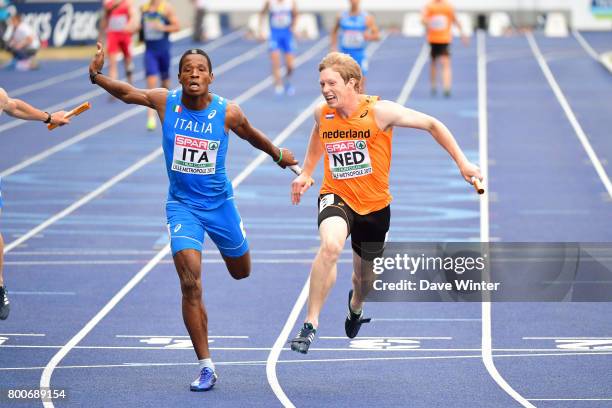 Roelf Bouwmeester and Hillary Wanderson Polanco Rijo rune the anchor leg in the 4x100m Relay Men heats during the European Athletics Team...
