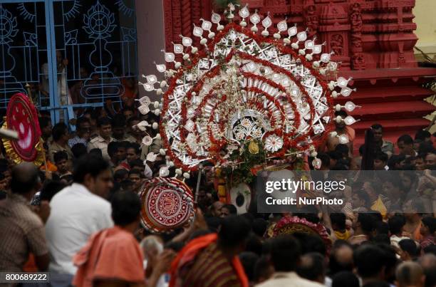 Lord Jagannath comes out from the temple in the grand procession to ride his chariot on the occassion of Shree Jagannath temple's annual chariot...